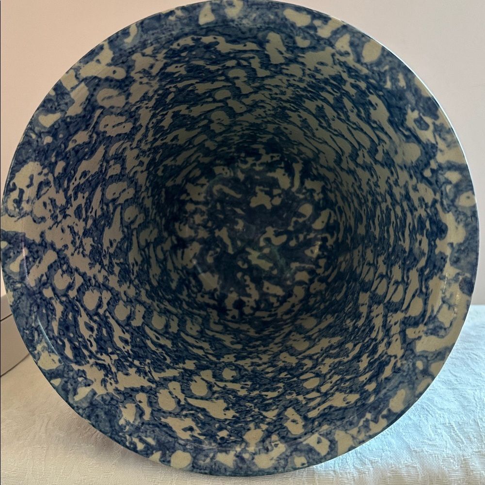 Blue Spongeware Bread Bowl Crock Pottery - Picture 2 of 8